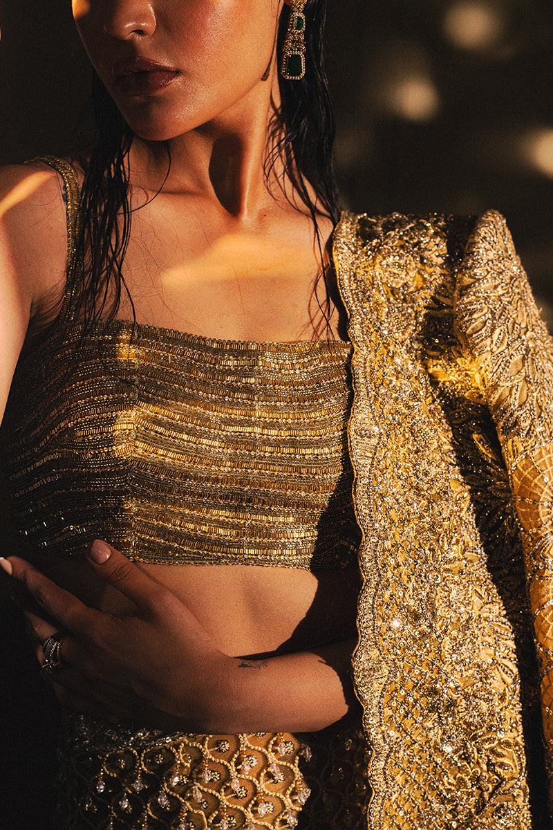 Pakistani Mango Yellow Embellished Silk-Blend Lehenga (3-Piece) - Image 8