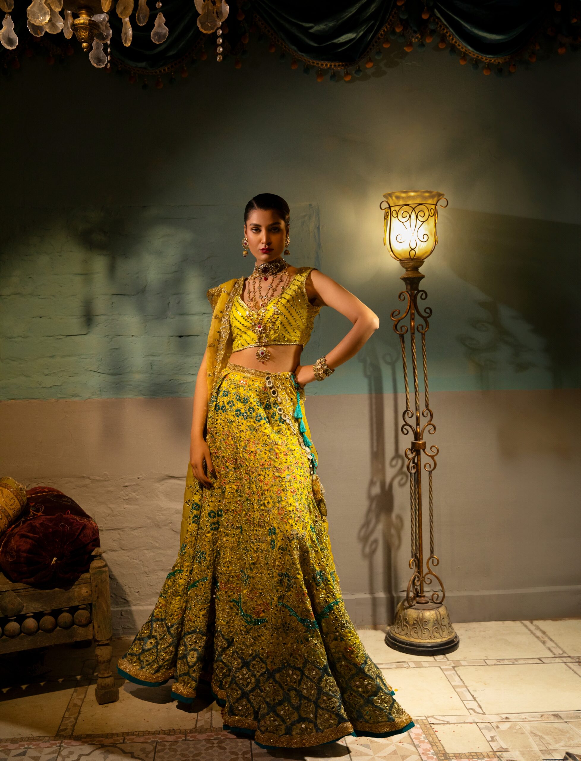 Pakistani Yellow Embroidered Silk Blend Lehenga Choli (3-Piece) - Image 1