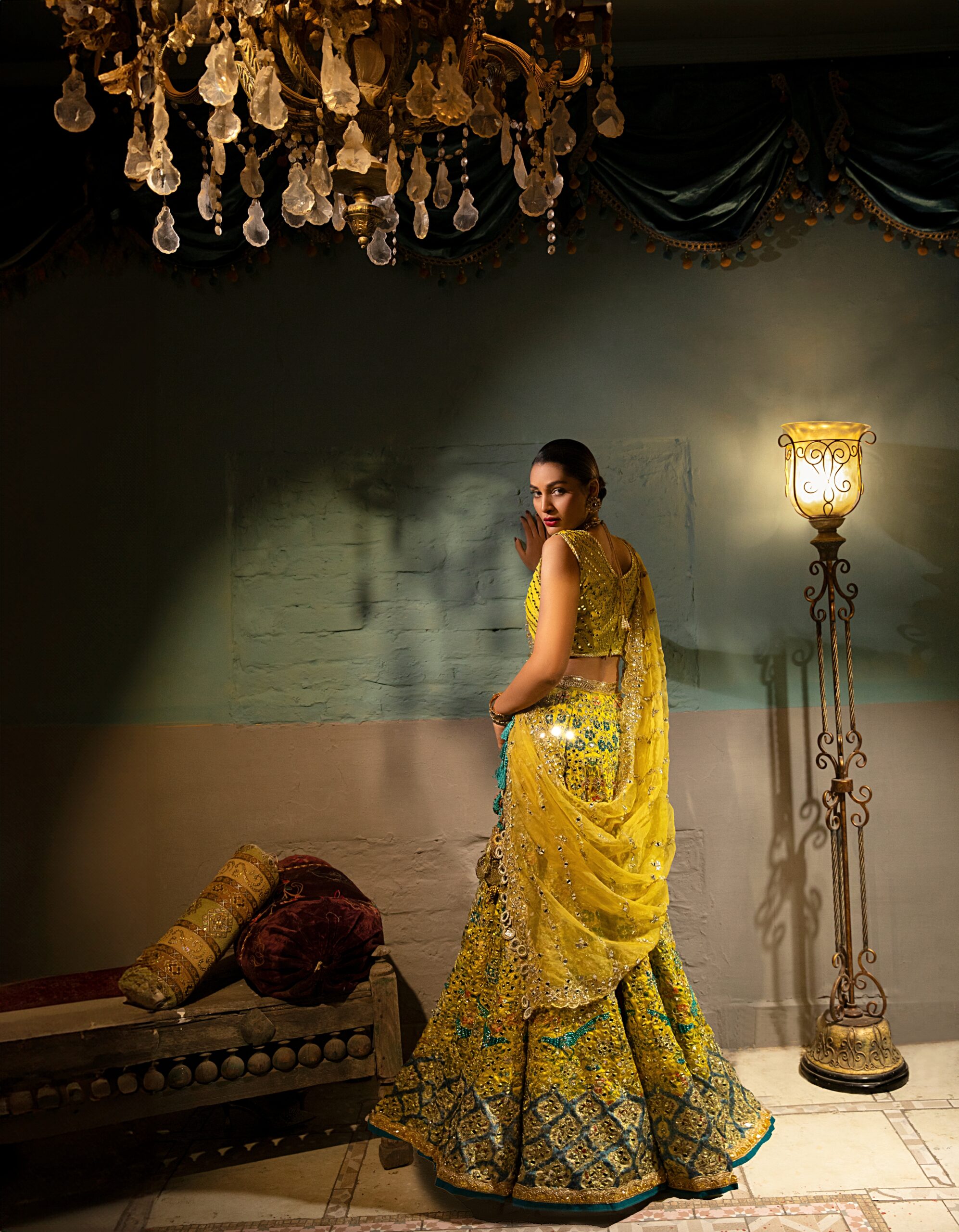 Pakistani Yellow Embroidered Silk Blend Lehenga Choli (3-Piece) - Image 2