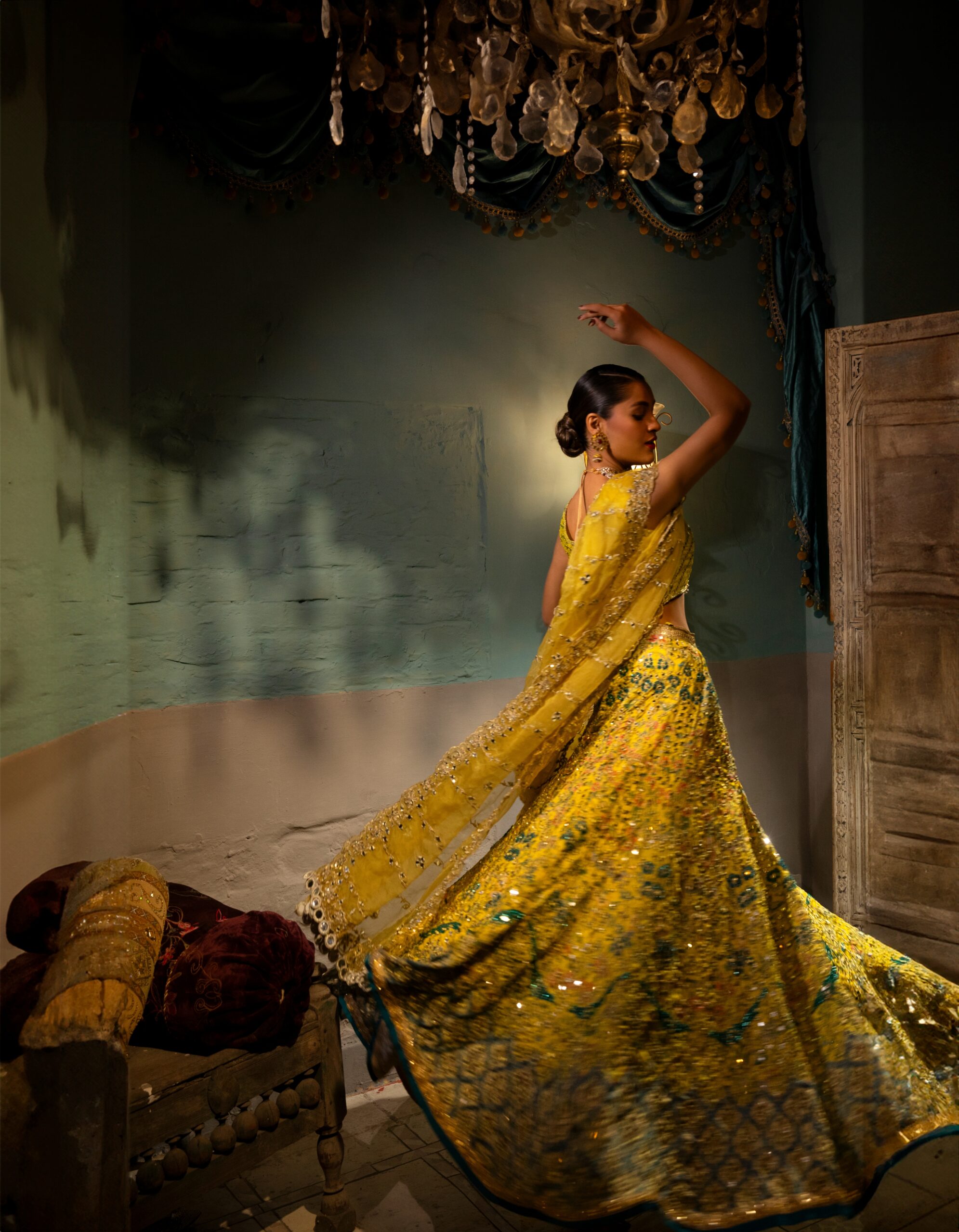 Pakistani Yellow Embroidered Silk Blend Lehenga Choli (3-Piece) - Image 3