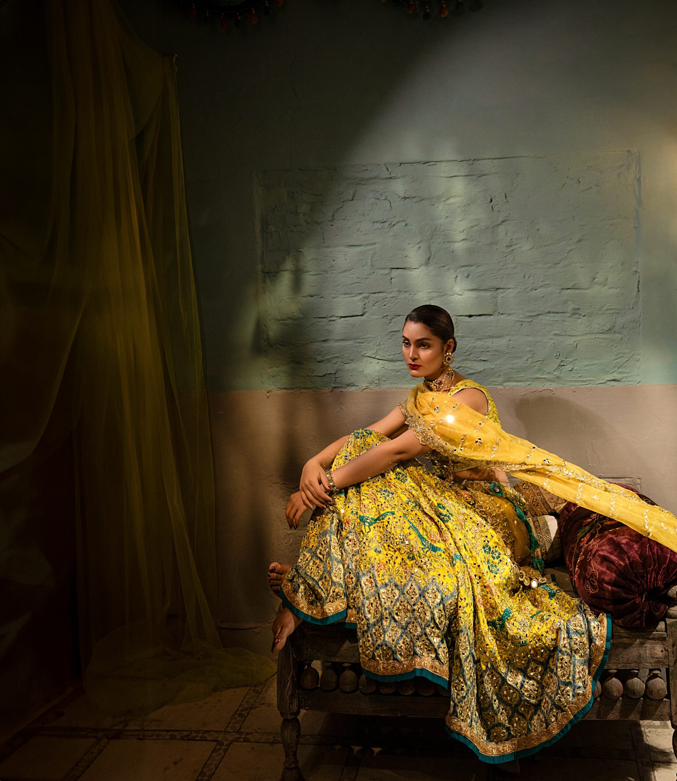 Pakistani Yellow Embroidered Silk Blend Lehenga Choli (3-Piece) - Image 4