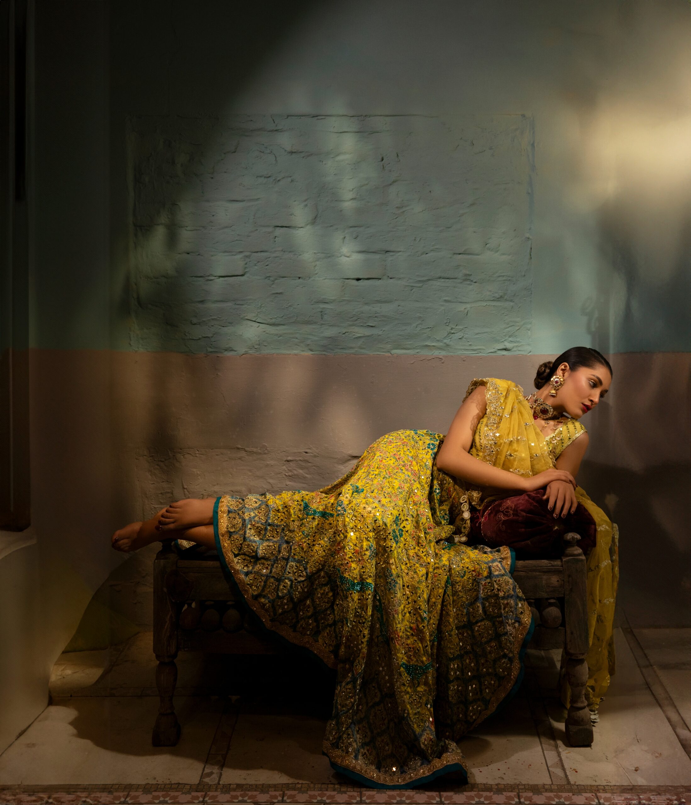 Pakistani Yellow Embroidered Silk Blend Lehenga Choli (3-Piece) - Image 8