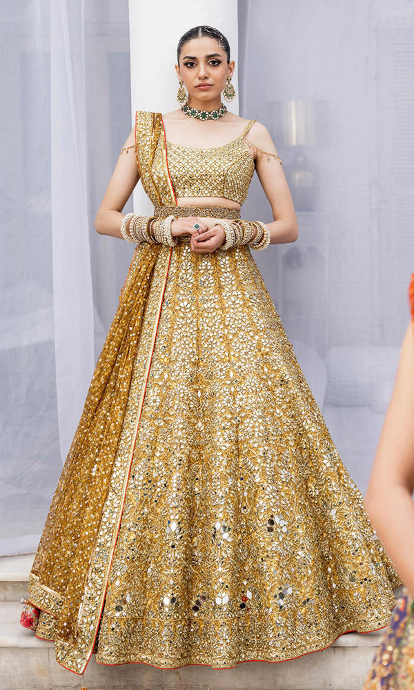 Pakistani Mustard Yellow Mirror Work Silk-Blend Lehenga (3-Piece) - Image 2