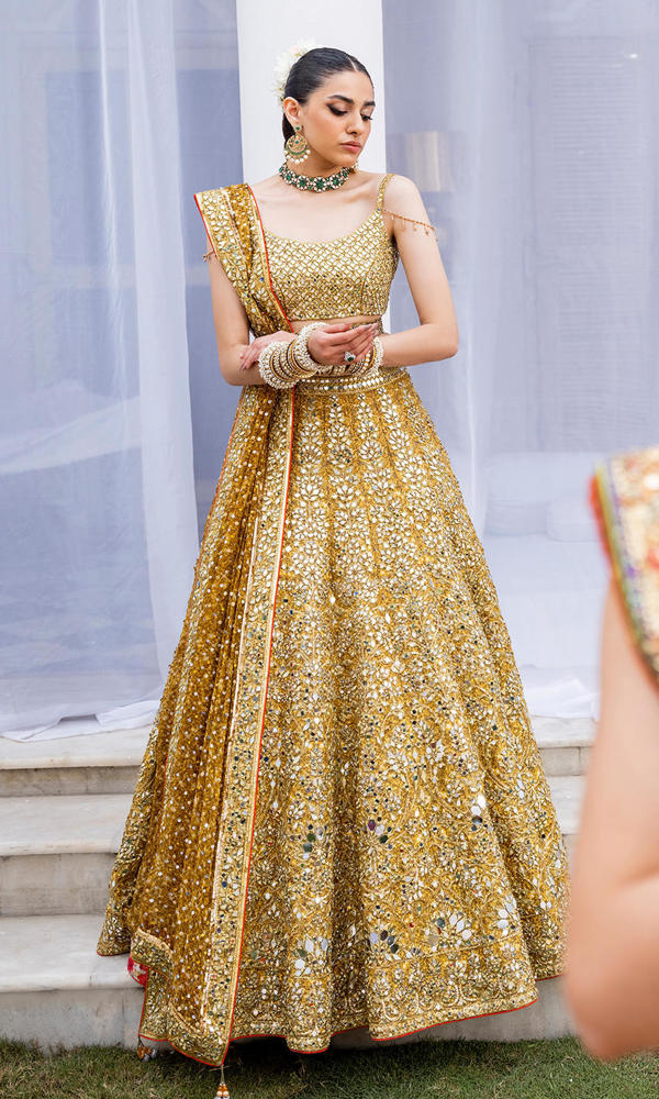Pakistani Mustard Yellow Mirror Work Silk-Blend Lehenga (3-Piece) - Image 3