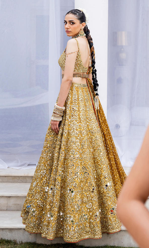 Pakistani Mustard Yellow Mirror Work Silk-Blend Lehenga (3-Piece) - Image 4