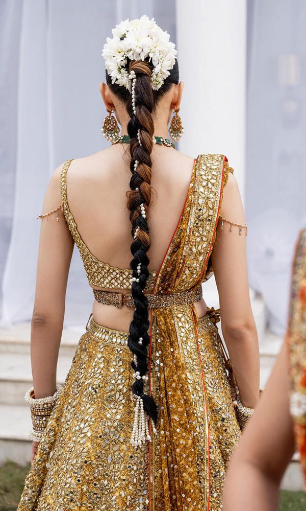 Pakistani Mustard Yellow Mirror Work Silk-Blend Lehenga (3-Piece) - Image 5