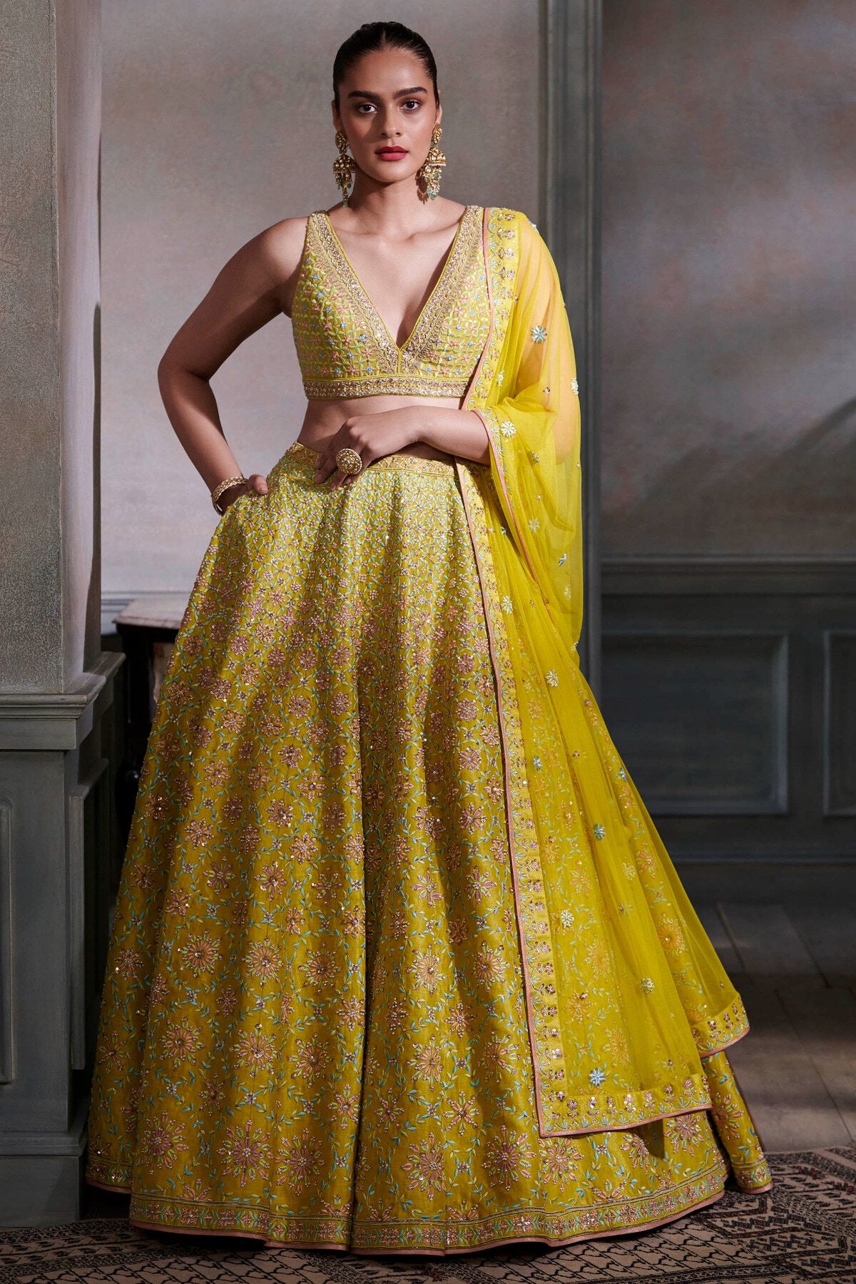 Indian Lime Embroidered Silk Lehenga Set (3-Piece) - Image 1