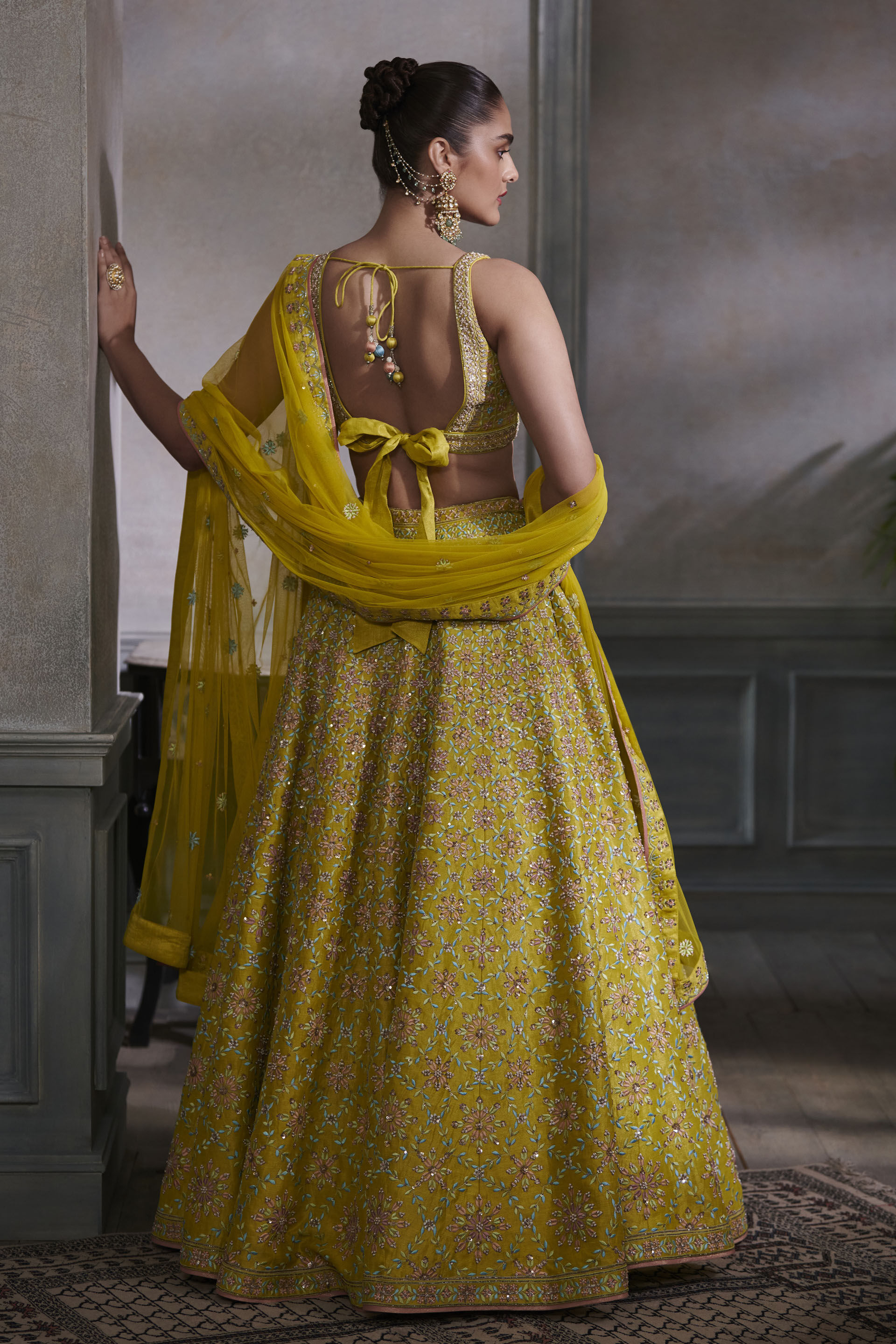 Indian Lime Embroidered Silk Lehenga Set (3-Piece) - Image 3