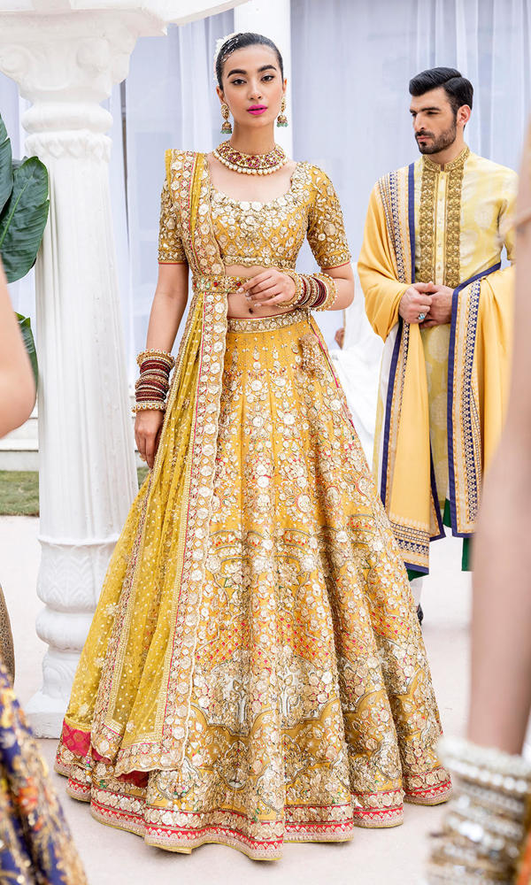 Mustard Yellow Gota Embellished Silk Lehenga (3-Piece) - Image 2