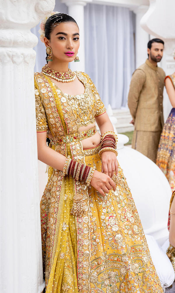 Mustard Yellow Gota Embellished Silk Lehenga (3-Piece) - Image 3