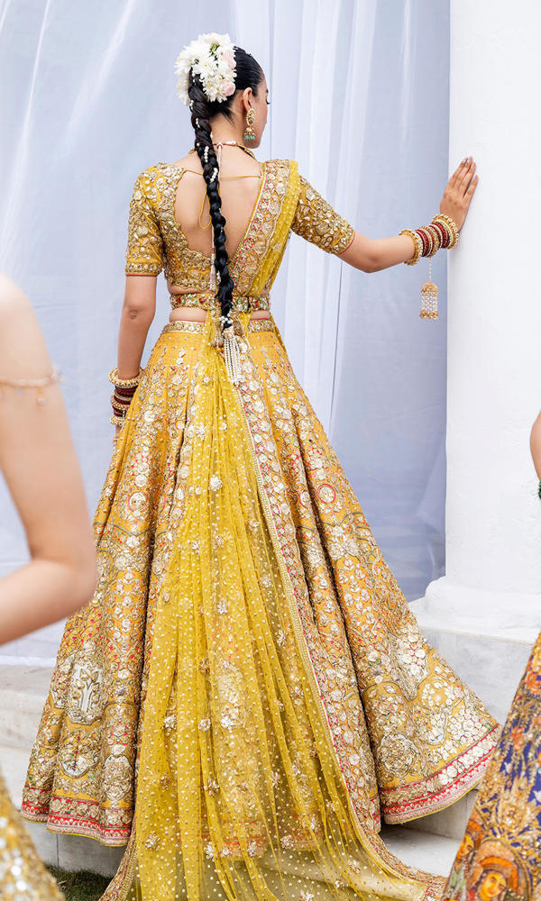 Mustard Yellow Gota Embellished Silk Lehenga (3-Piece) - Image 4