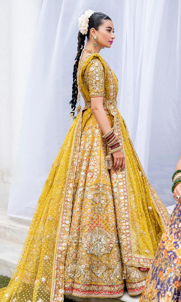 Mustard Yellow Gota Embellished Silk Lehenga (3-Piece) - Image 5
