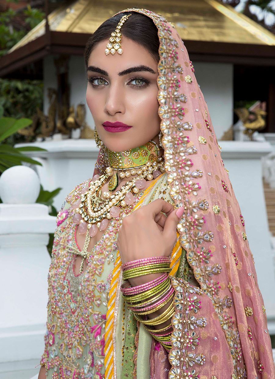 Pakistani Mint Green Kundan Silk Bridal Lehenga (3-Piece) - Image 5