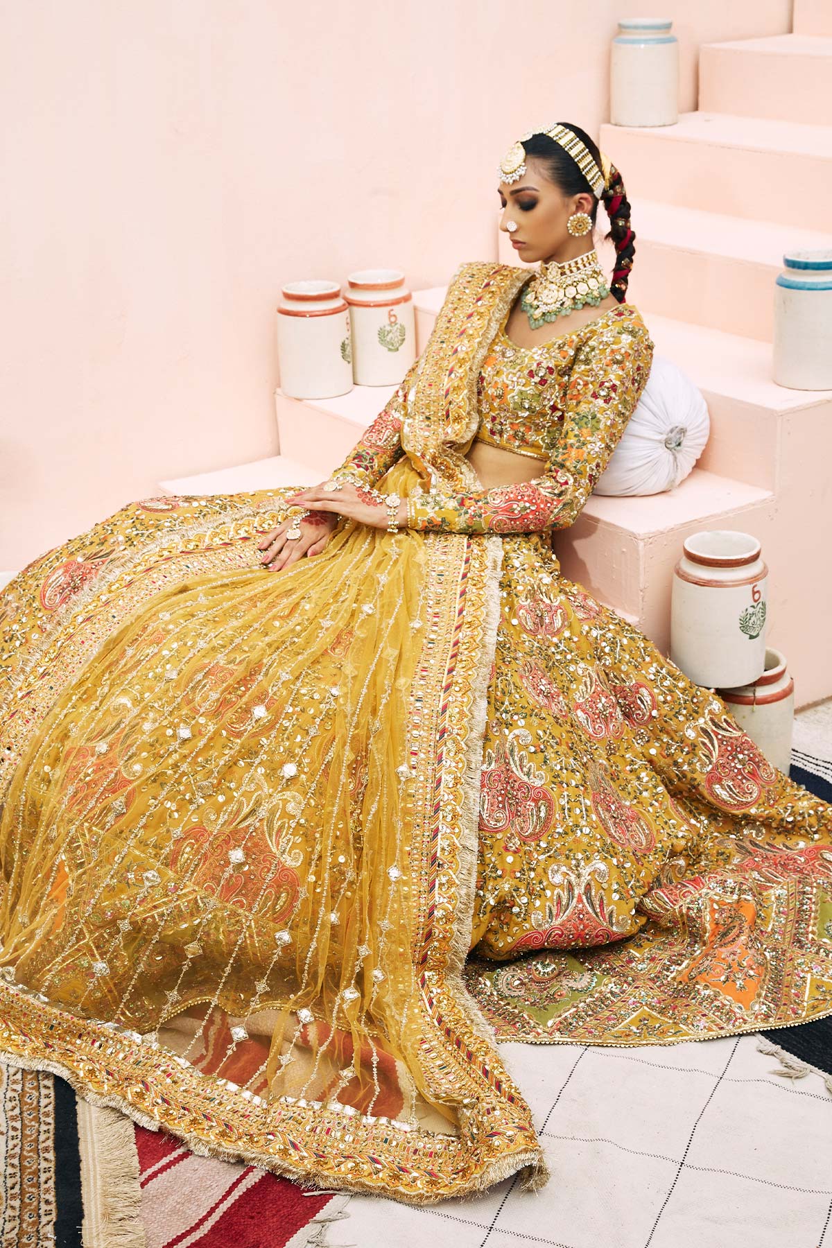 Marigold Embroidered Silk & Net Lehenga Choli (3-Piece) - Image 2