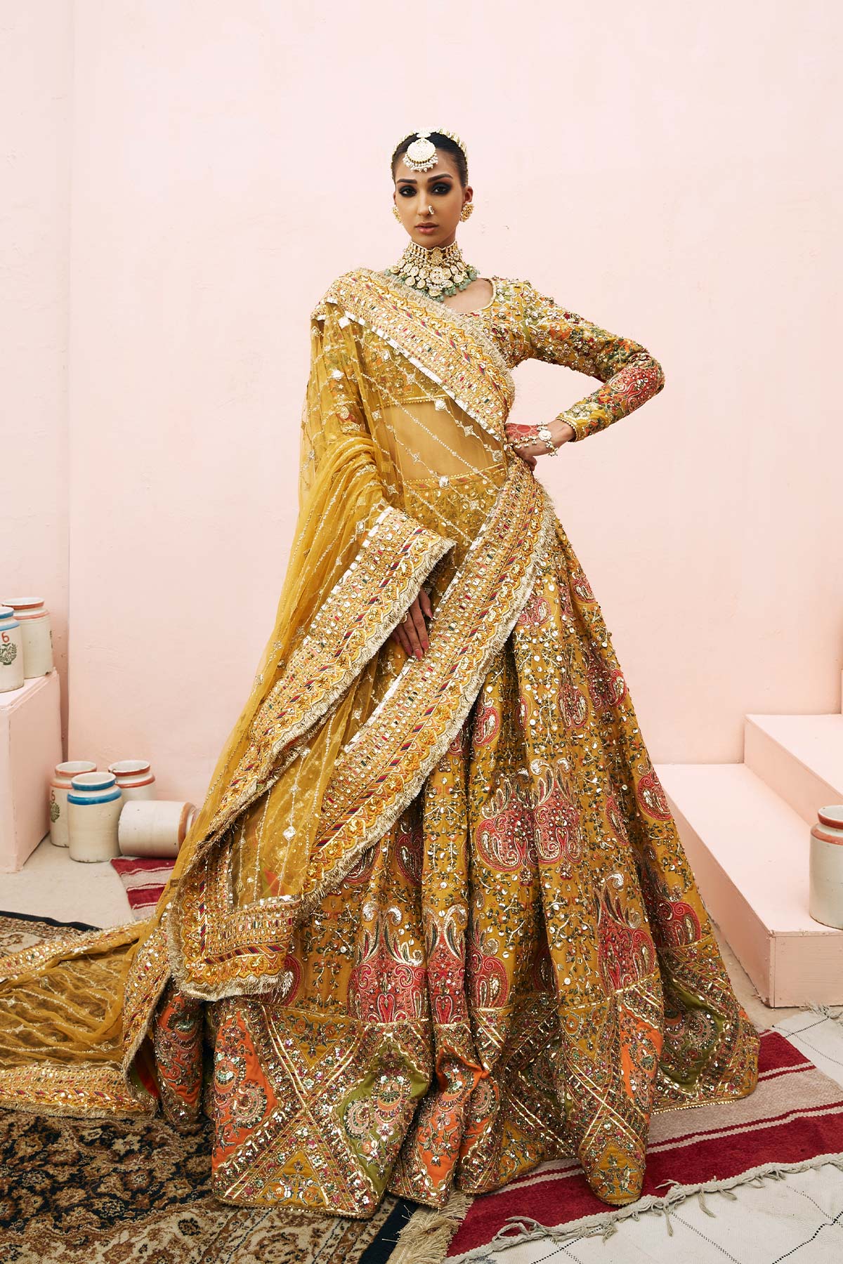 Marigold Embroidered Silk & Net Lehenga Choli (3-Piece) - Image 4