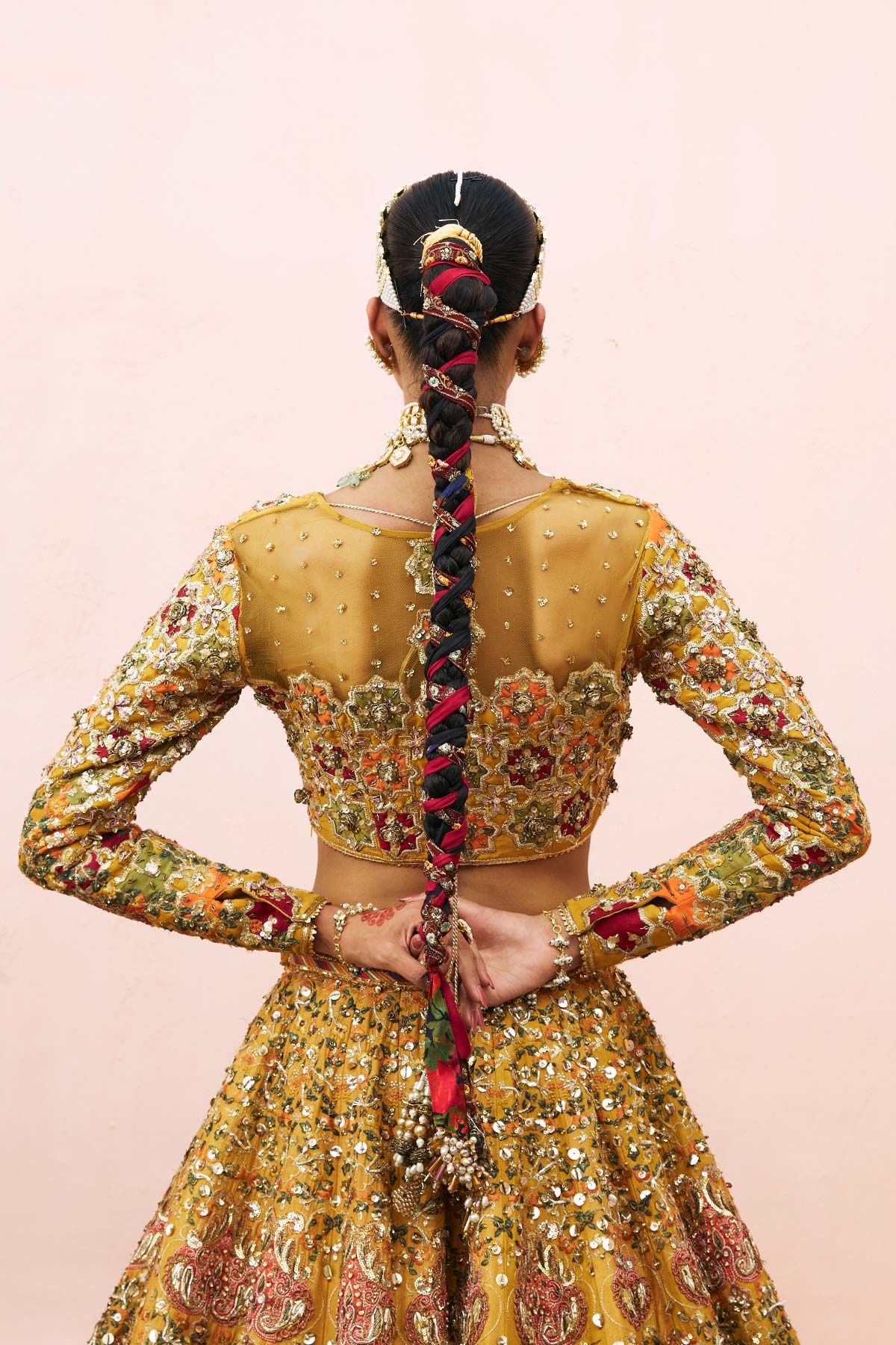 Marigold Embroidered Silk & Net Lehenga Choli (3-Piece) - Image 5