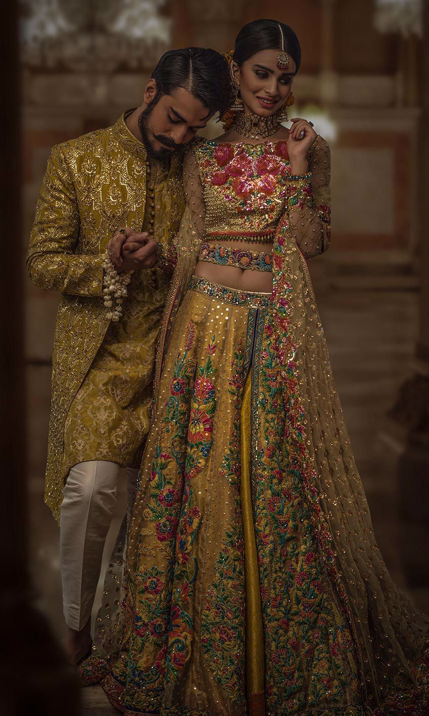 Mustard Multicolour Embroidered Silk Bridal Lehenga (3-Piece) - Image 1