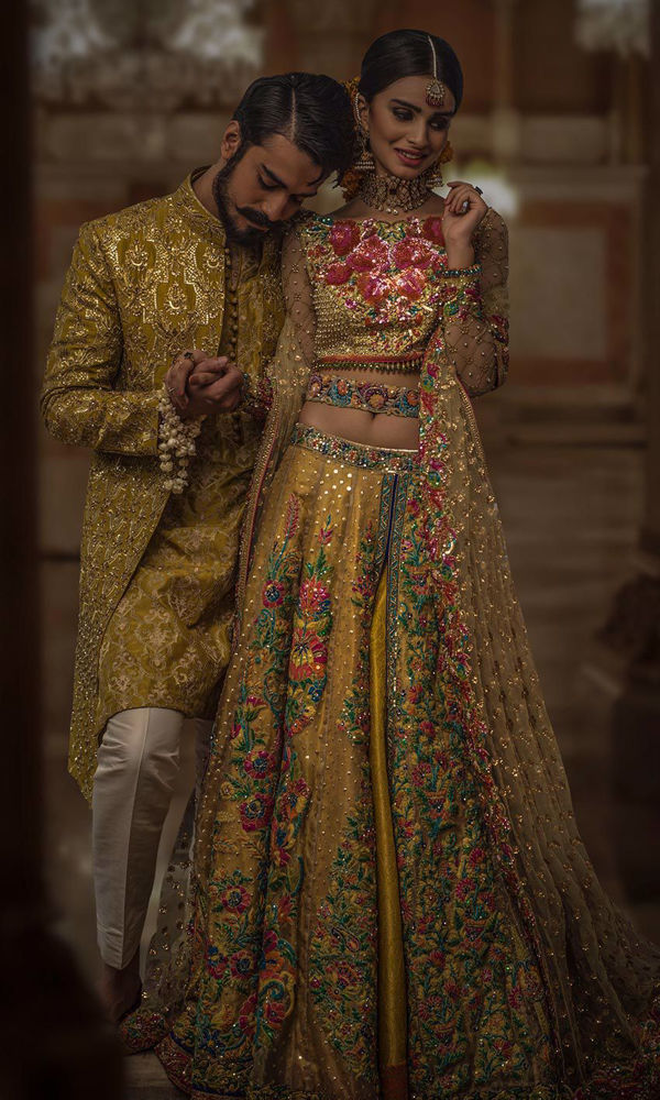 Mustard Multicolour Embroidered Silk Bridal Lehenga (3-Piece) - Image 2