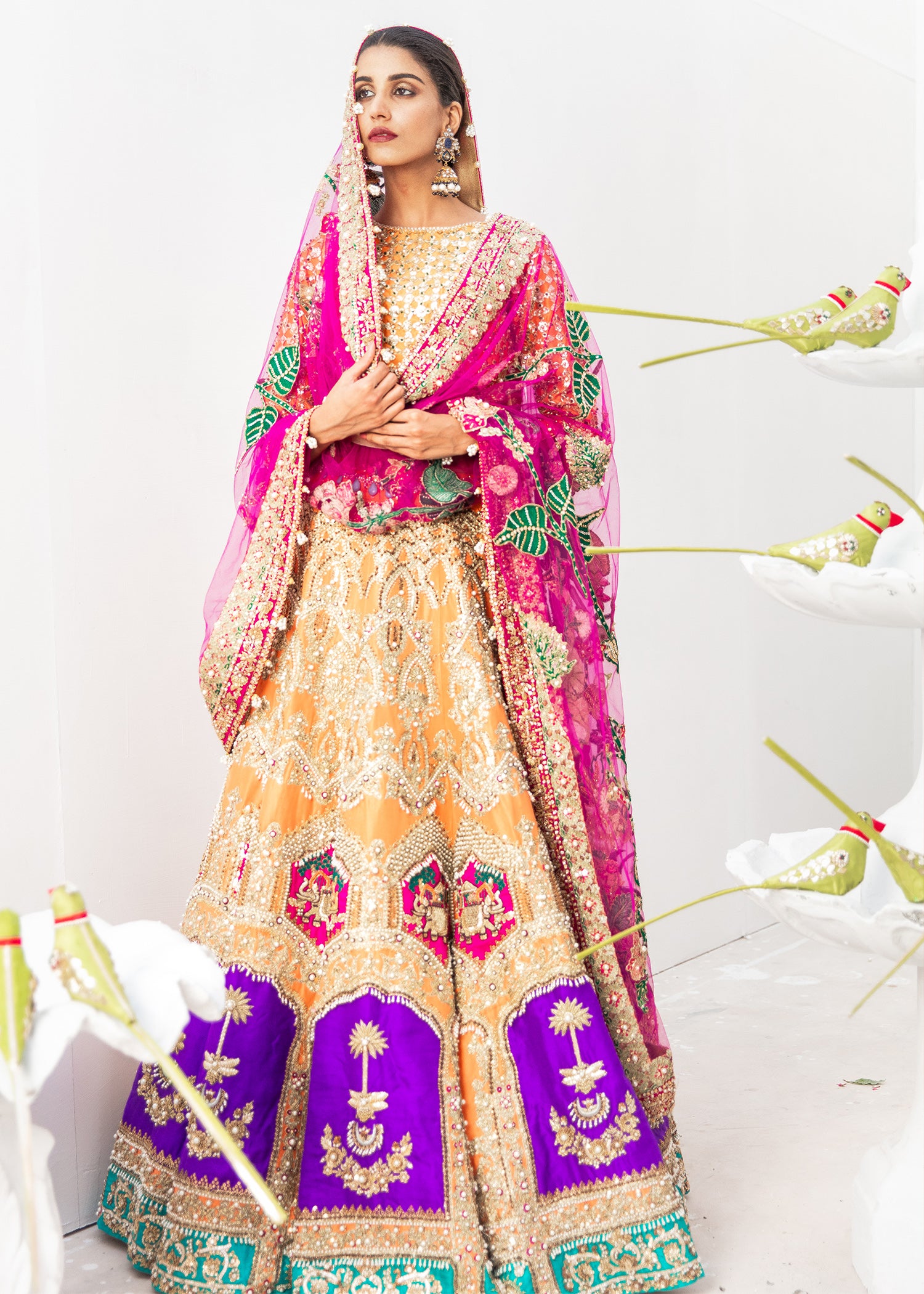 Pakistani Yellow Embellished Silk-Satin Lehenga Choli (3-Piece) - Image 1