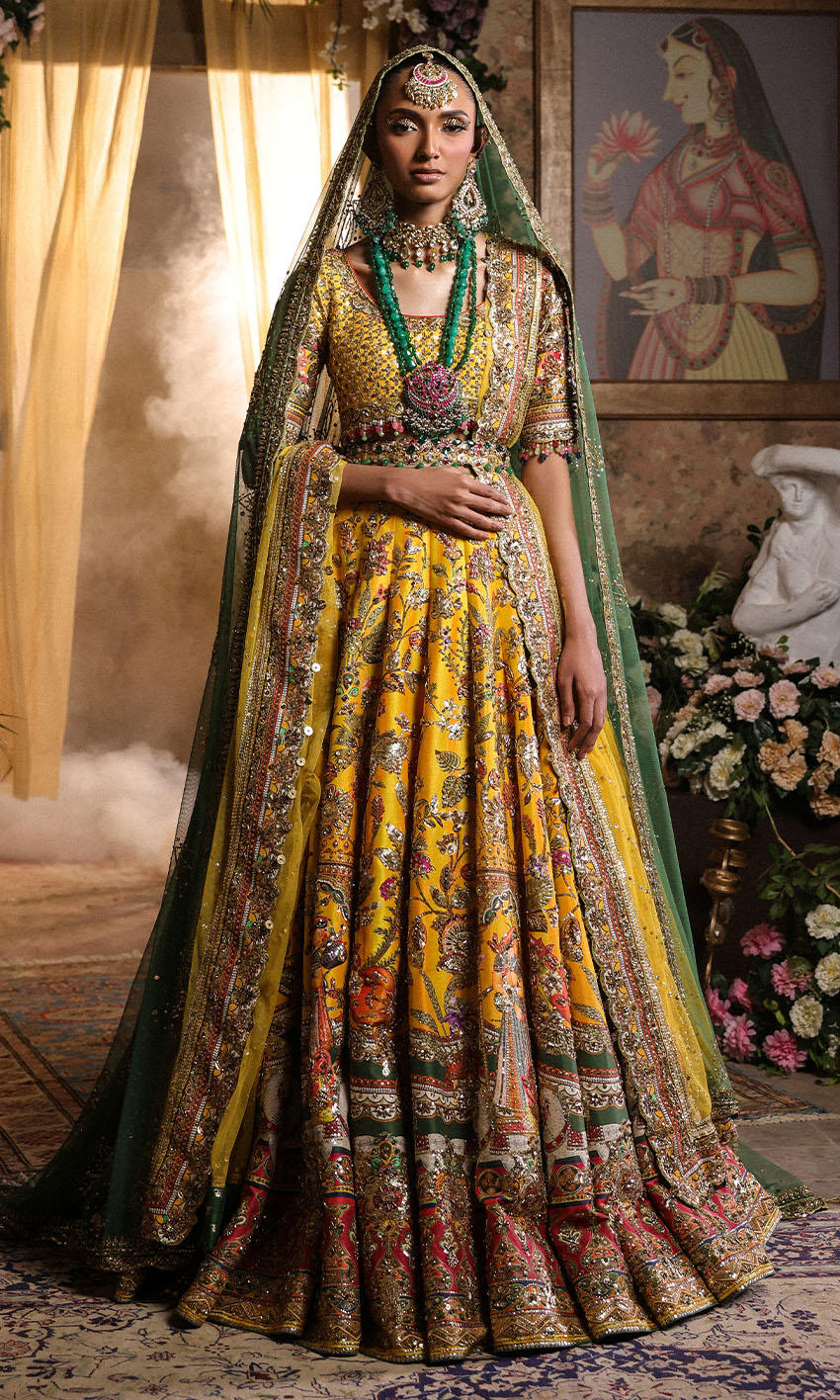 Sunny Yellow Mughal Print Silk Bridal Lehenga (3-Piece) - Image 1