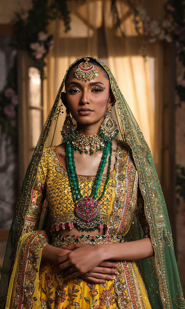 Sunny Yellow Mughal Print Silk Bridal Lehenga (3-Piece) - Image 3