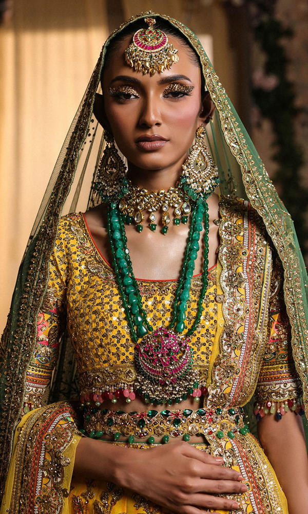 Sunny Yellow Mughal Print Silk Bridal Lehenga (3-Piece) - Image 4