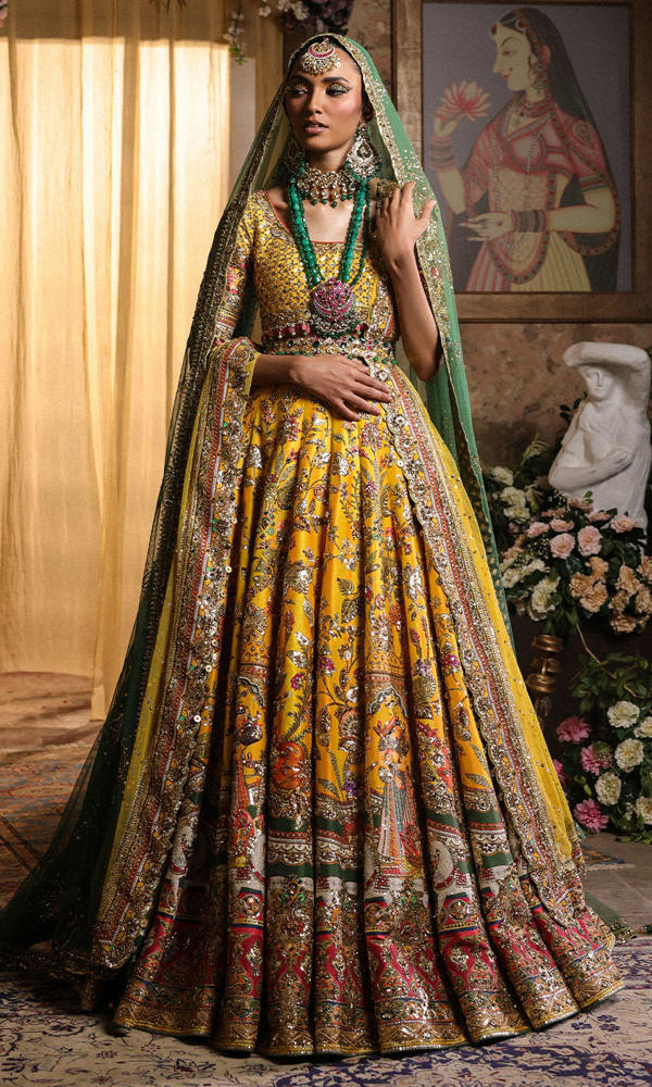 Sunny Yellow Mughal Print Silk Bridal Lehenga (3-Piece) - Image 6