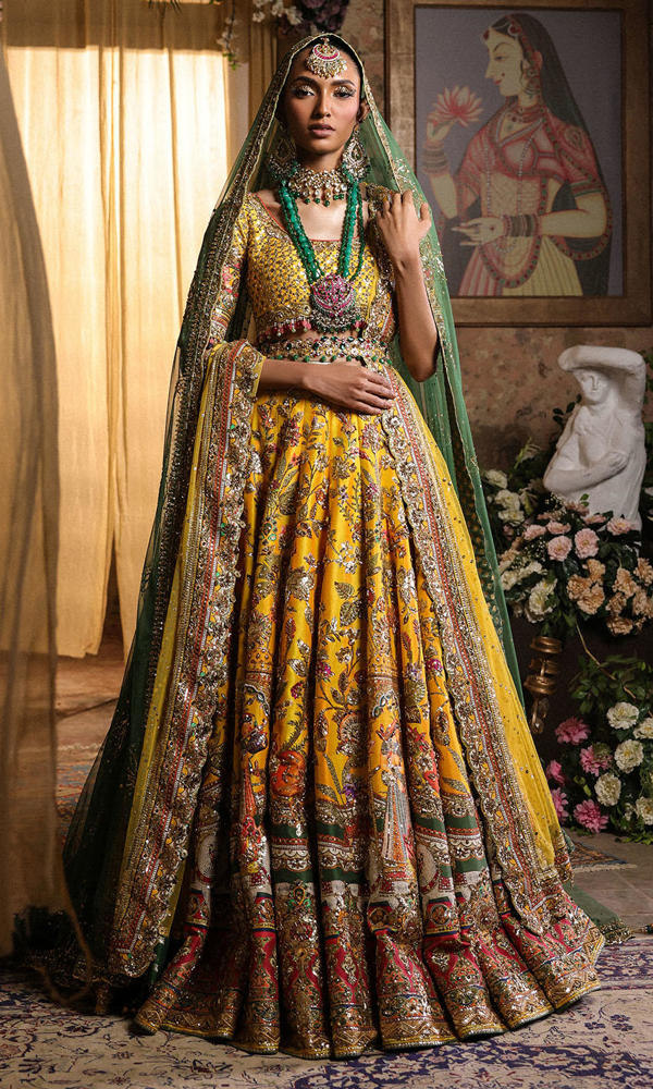 Sunny Yellow Mughal Print Silk Bridal Lehenga (3-Piece) - Image 7