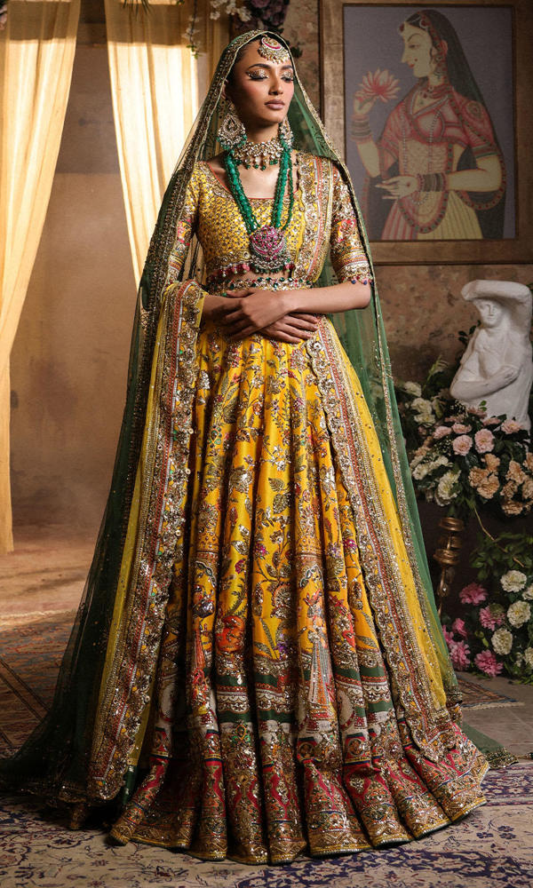 Sunny Yellow Mughal Print Silk Bridal Lehenga (3-Piece) - Image 8