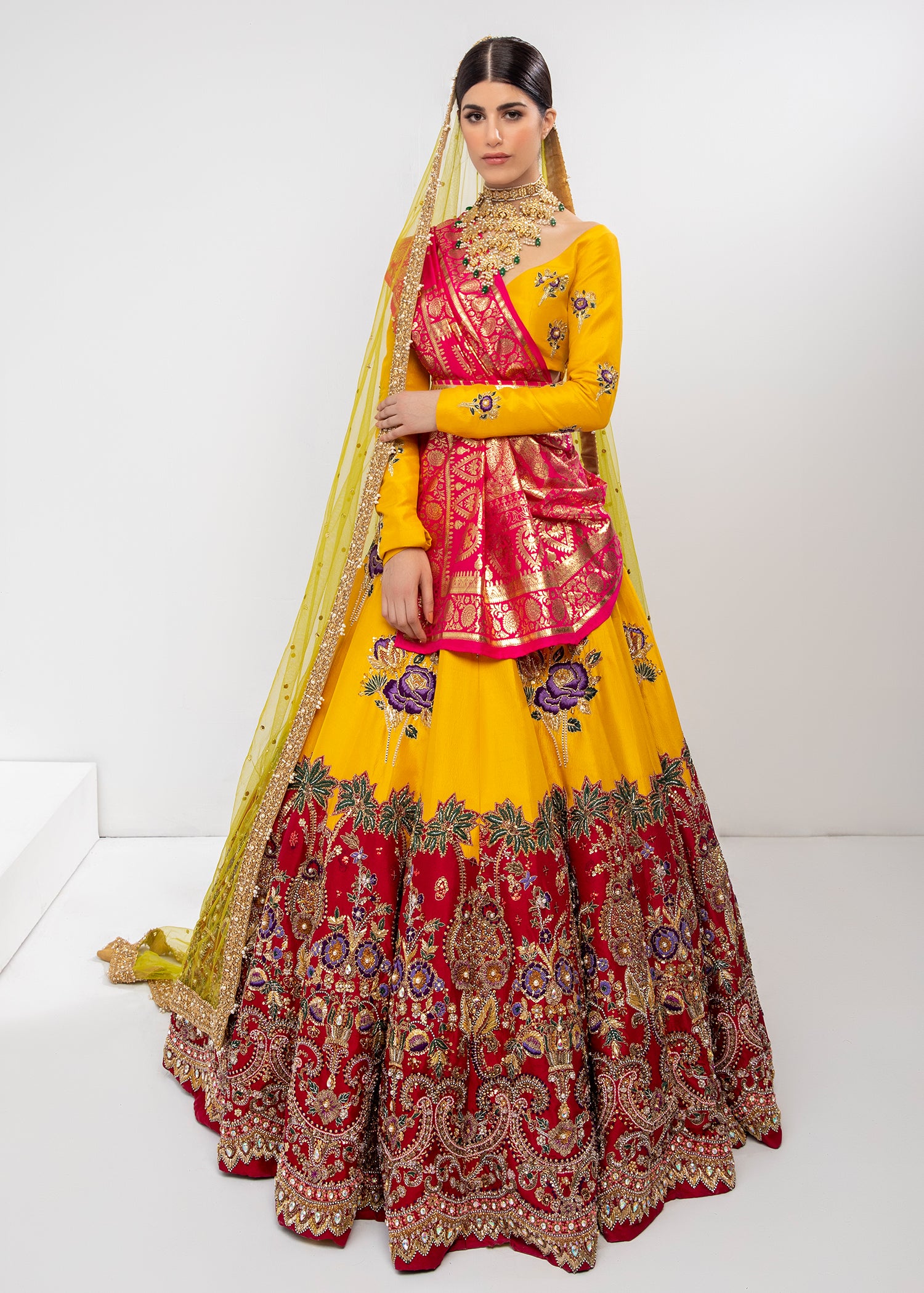 Pakistani Saffron Yellow Embroidered Silk Lehenga Choli (3-Piece) - Image 1
