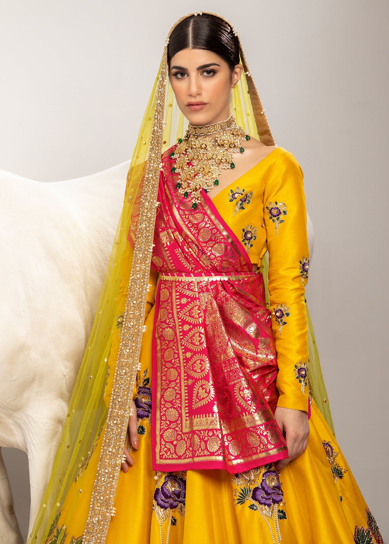 Pakistani Saffron Yellow Embroidered Silk Lehenga Choli (3-Piece) - Image 4
