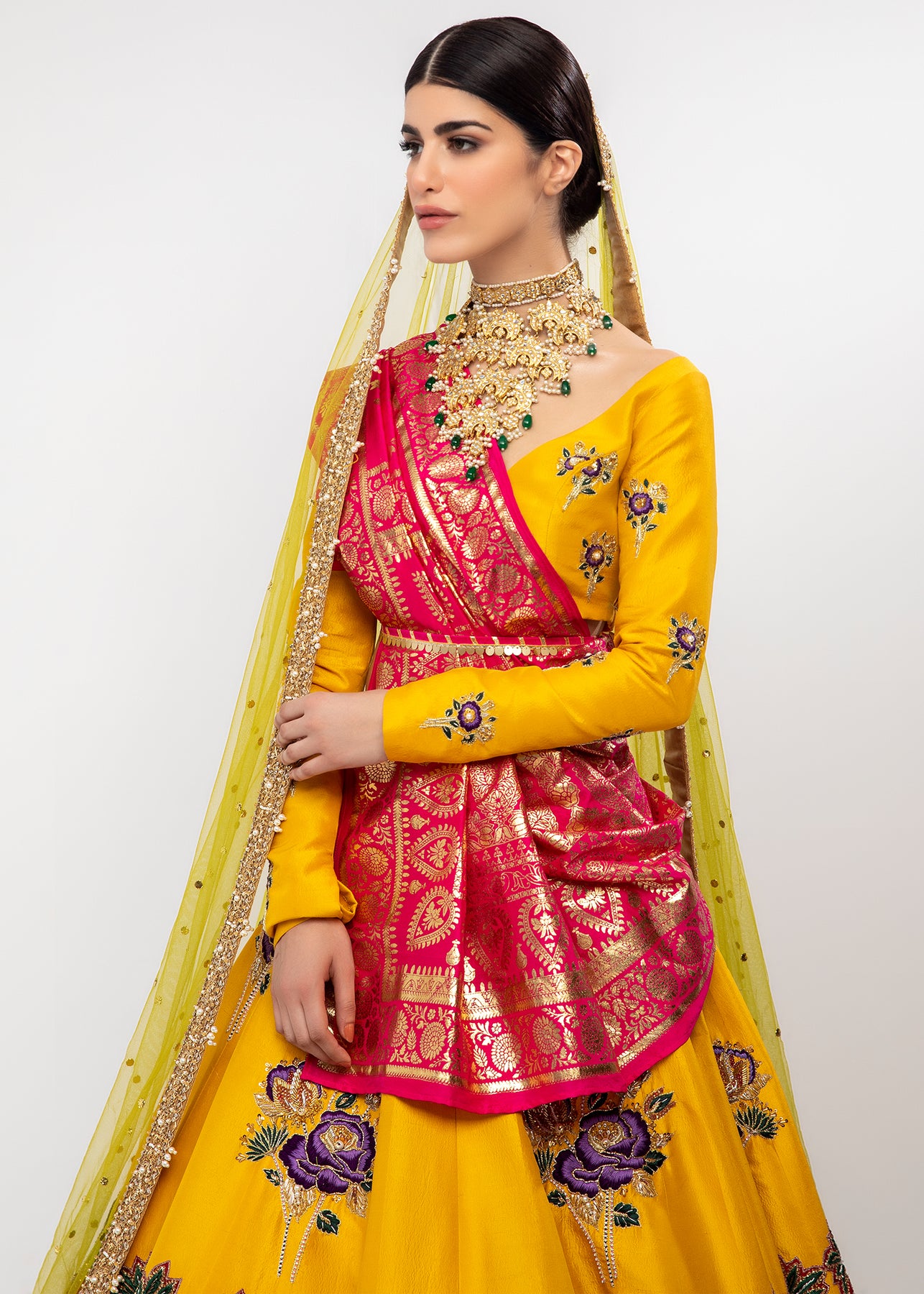 Pakistani Saffron Yellow Embroidered Silk Lehenga Choli (3-Piece) - Image 5