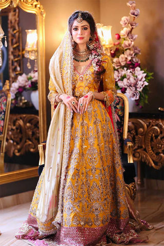 Mustard Yellow Embroidered Silk Bridal Lehenga (3-Piece) - Image 2