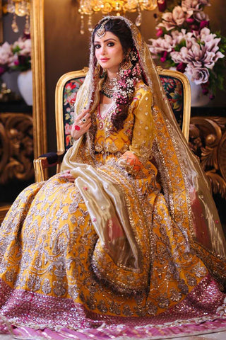 Mustard Yellow Embroidered Silk Bridal Lehenga (3-Piece) - Image 3