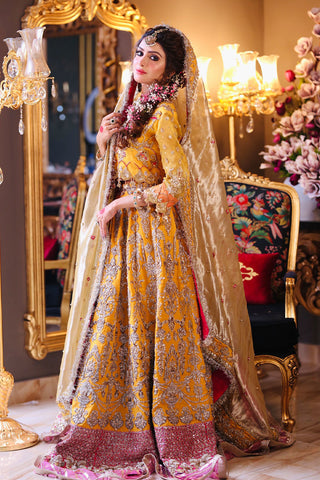 Mustard Yellow Embroidered Silk Bridal Lehenga (3-Piece) - Image 5