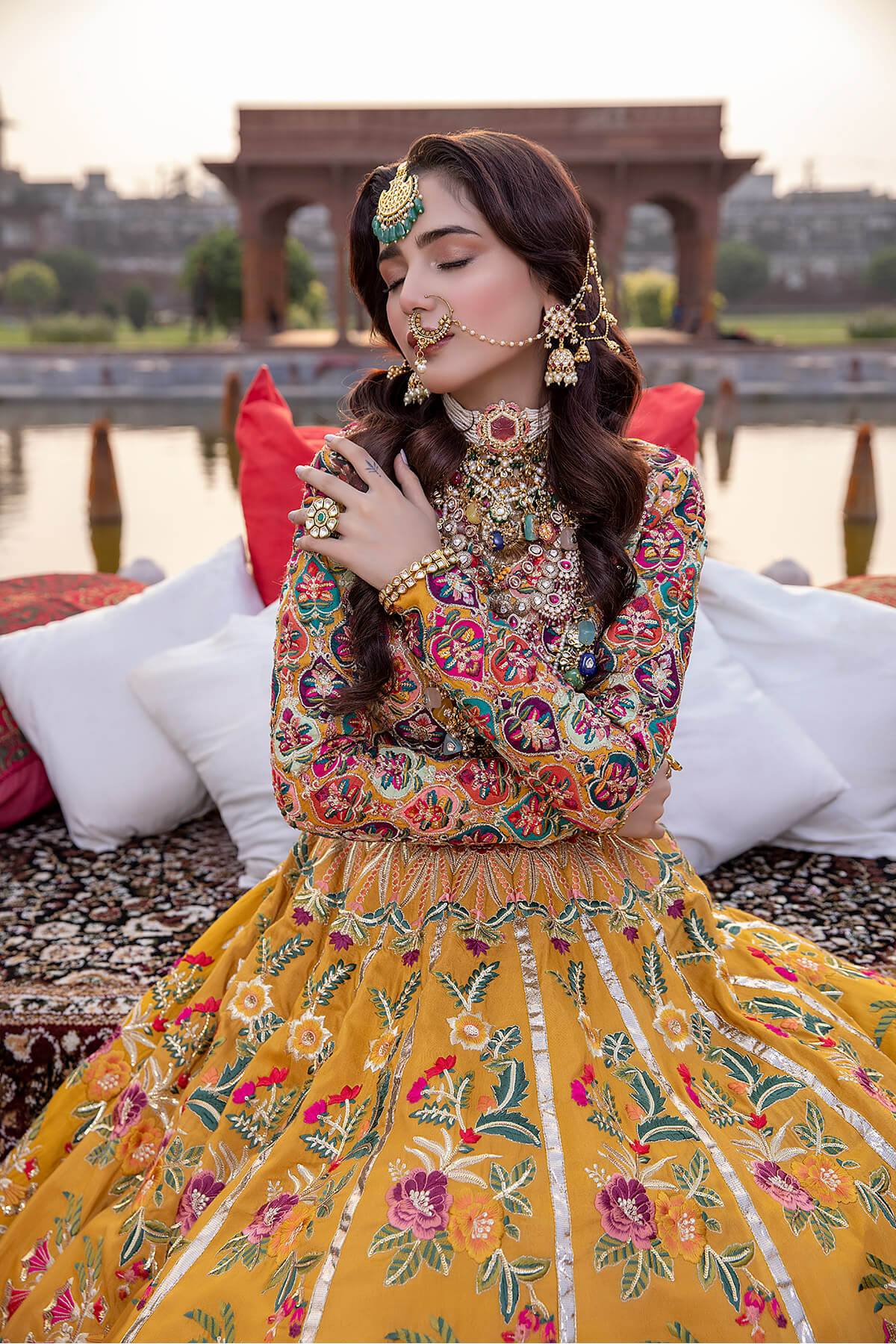 Mustard Embroidered Silk & Net Lehenga (3-Piece) - Image 2