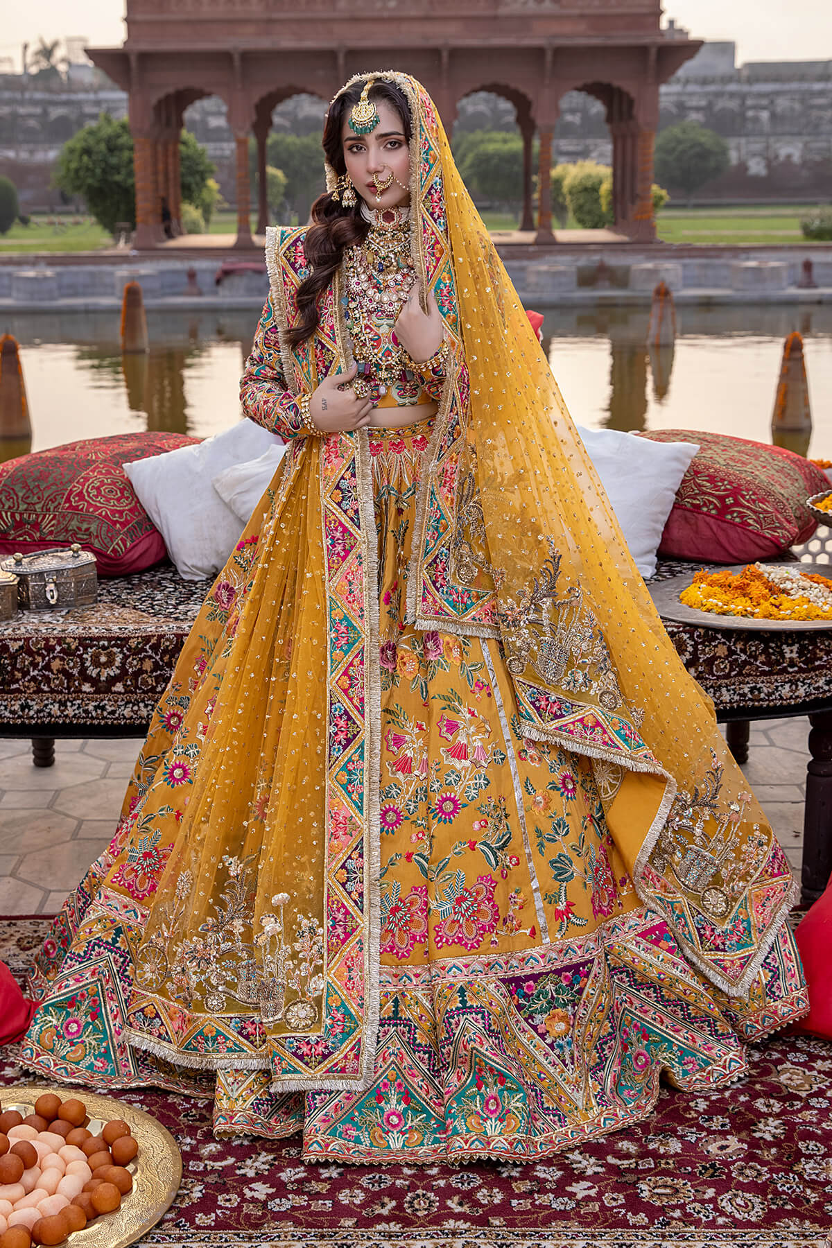 Mustard Embroidered Silk & Net Lehenga (3-Piece) - Image 5