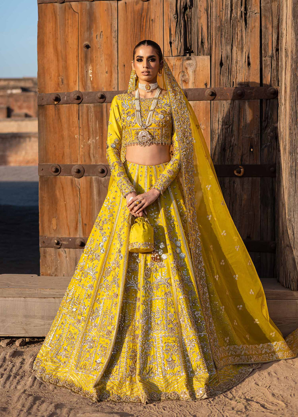 Pakistani Sunflower Yellow Hand-Embellished Tussel Silk Lehenga (3-Piece) - Image 1