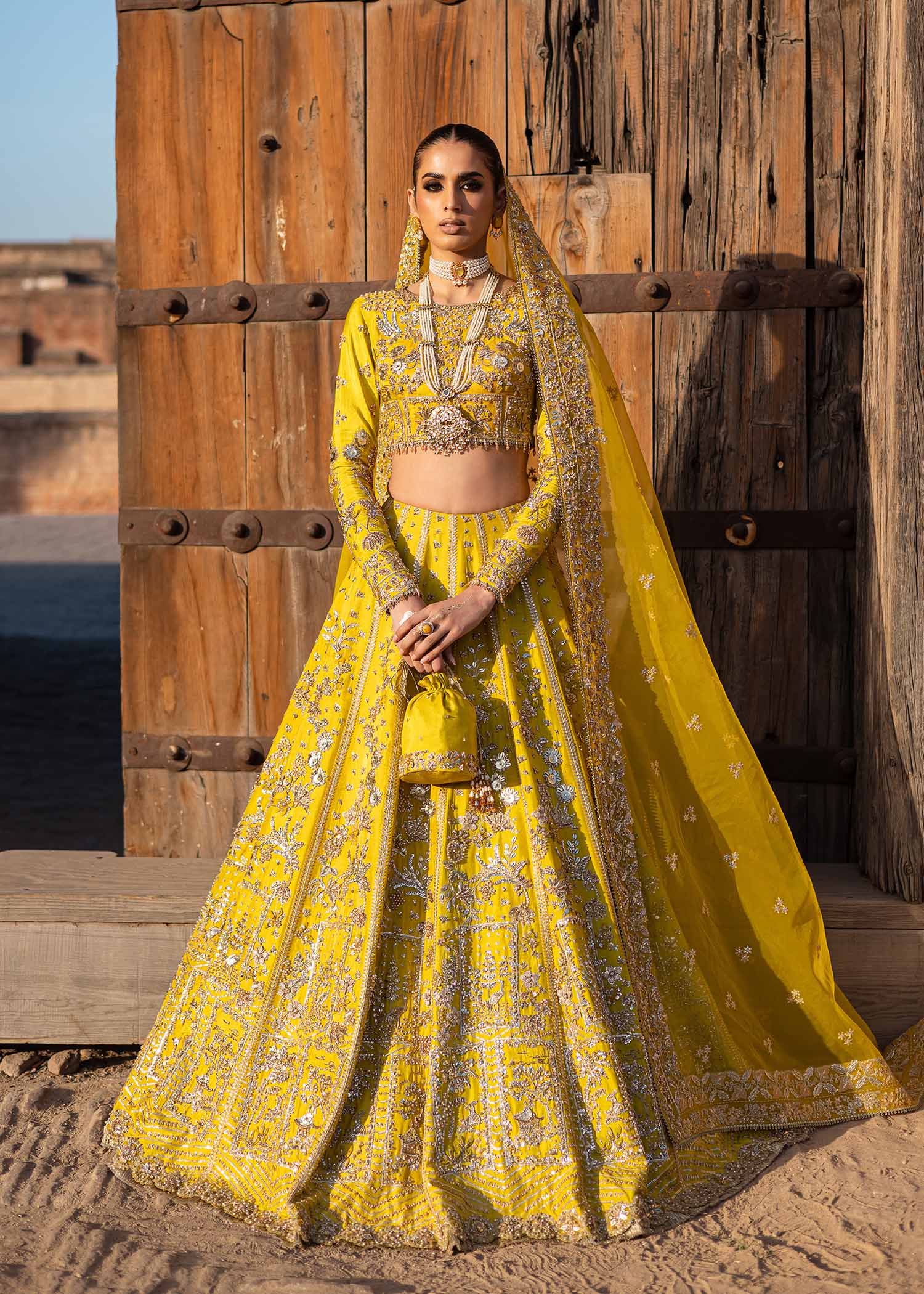 Pakistani Sunflower Yellow Hand-Embellished Tussel Silk Lehenga (3-Piece) - Image 2
