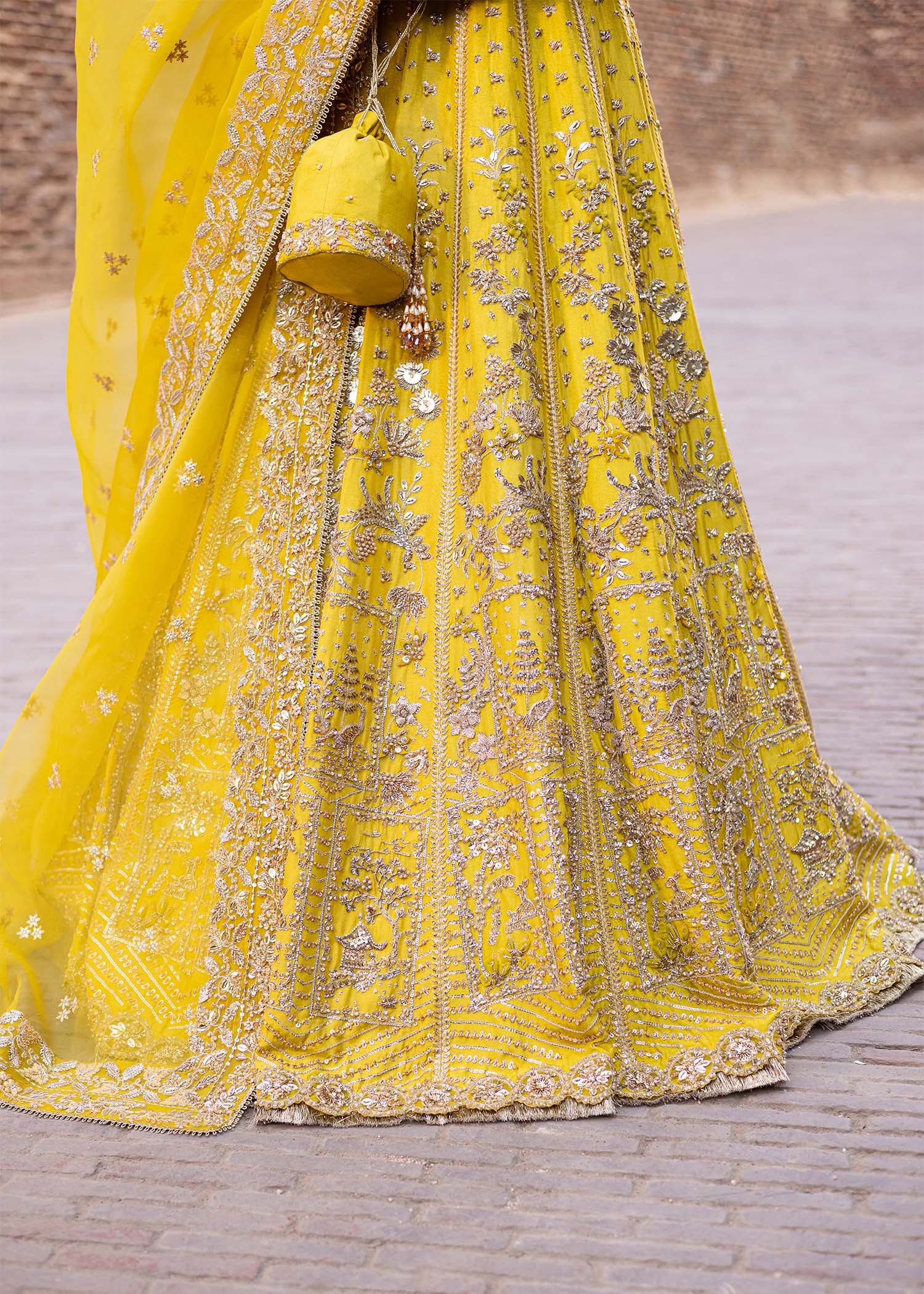Pakistani Sunflower Yellow Hand-Embellished Tussel Silk Lehenga (3-Piece) - Image 3