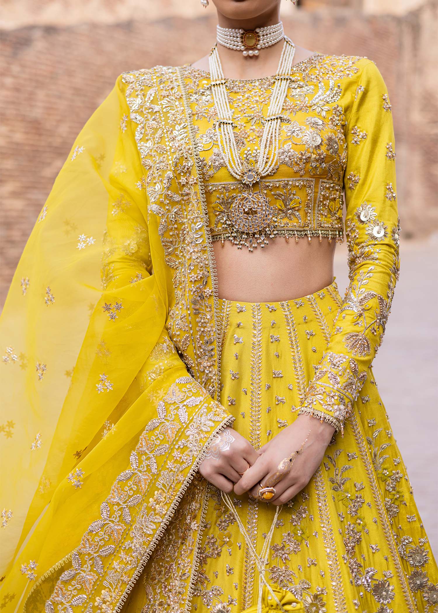Pakistani Sunflower Yellow Hand-Embellished Tussel Silk Lehenga (3-Piece) - Image 4