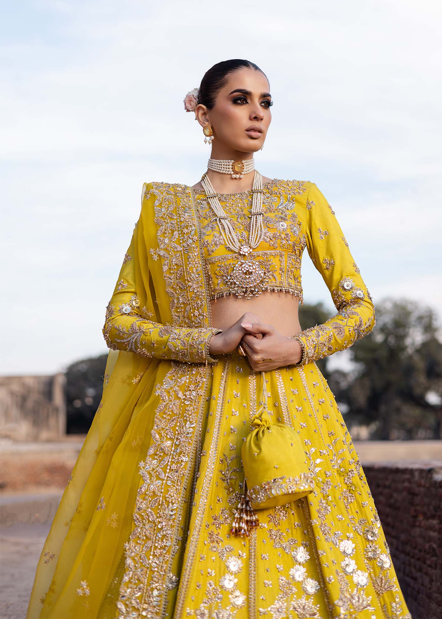 Pakistani Sunflower Yellow Hand-Embellished Tussel Silk Lehenga (3-Piece) - Image 5
