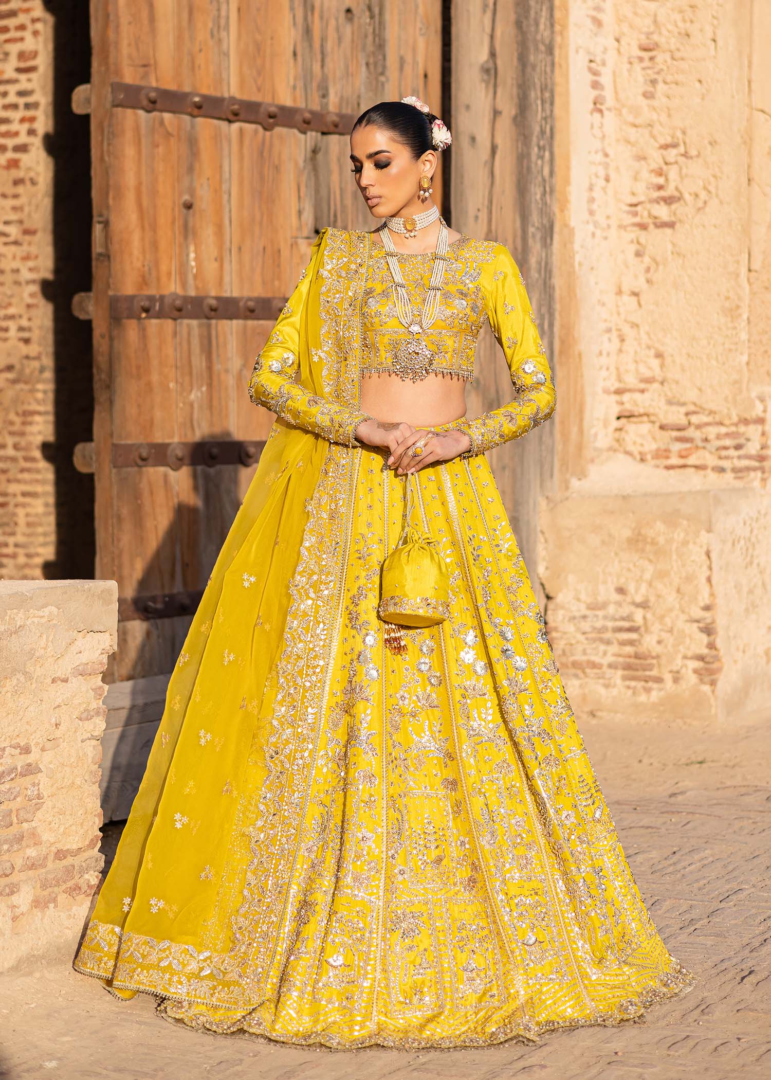 Pakistani Sunflower Yellow Hand-Embellished Tussel Silk Lehenga (3-Piece) - Image 6