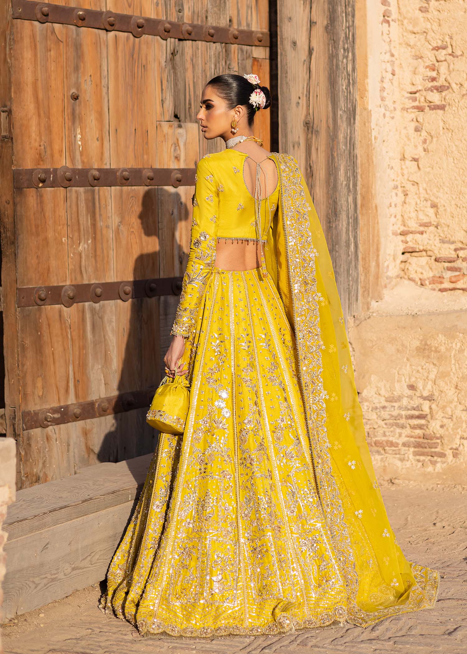 Pakistani Sunflower Yellow Hand-Embellished Tussel Silk Lehenga (3-Piece) - Image 7