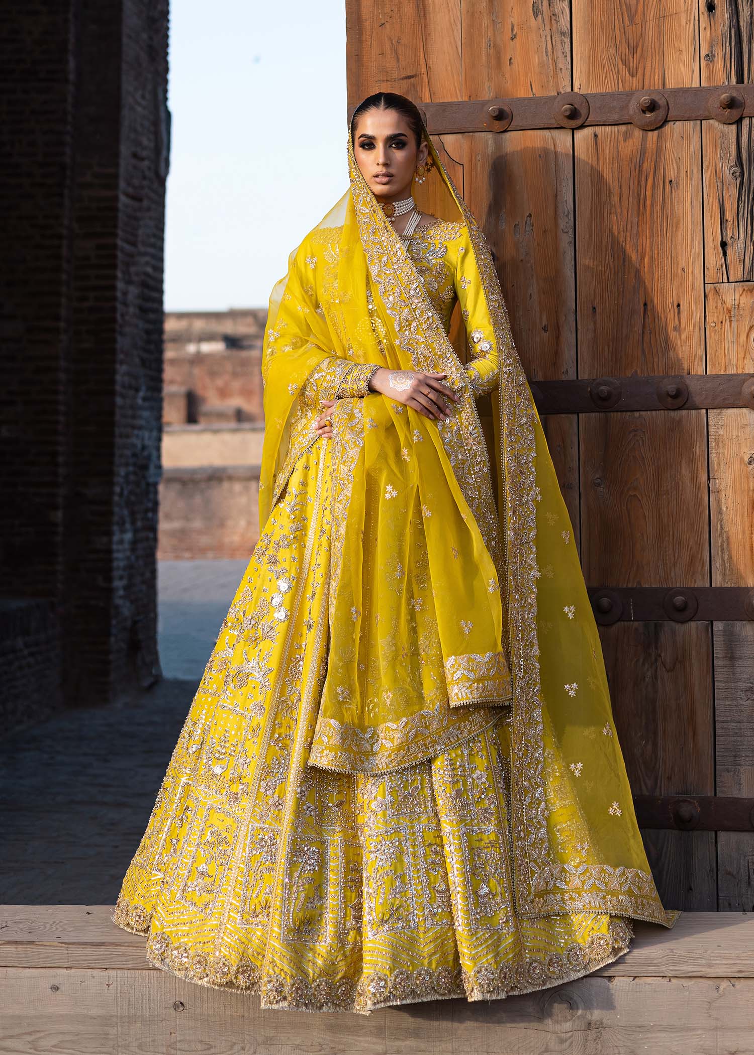 Pakistani Sunflower Yellow Hand-Embellished Tussel Silk Lehenga (3-Piece) - Image 8