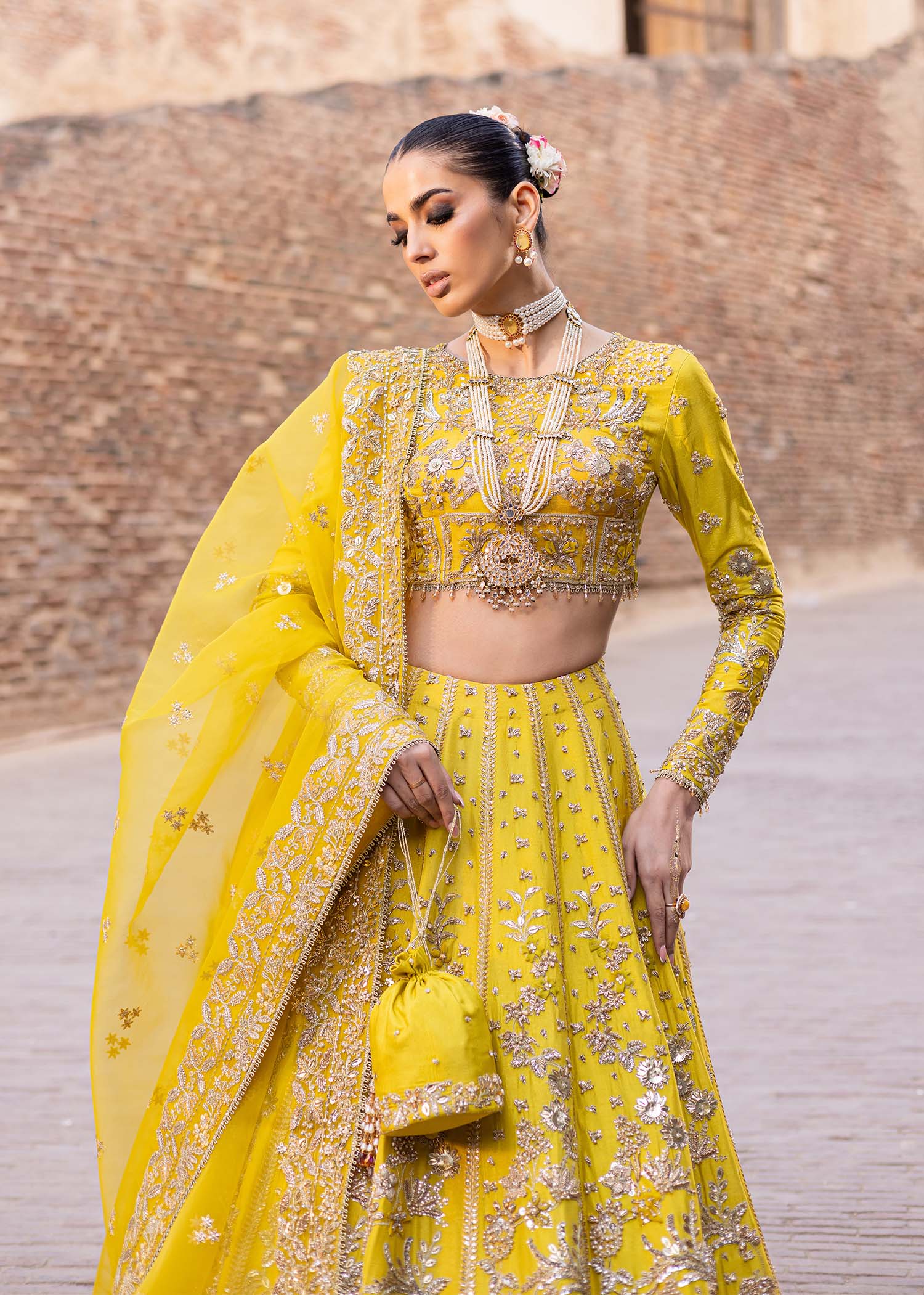 Pakistani Sunflower Yellow Hand-Embellished Tussel Silk Lehenga (3-Piece) - Image 9