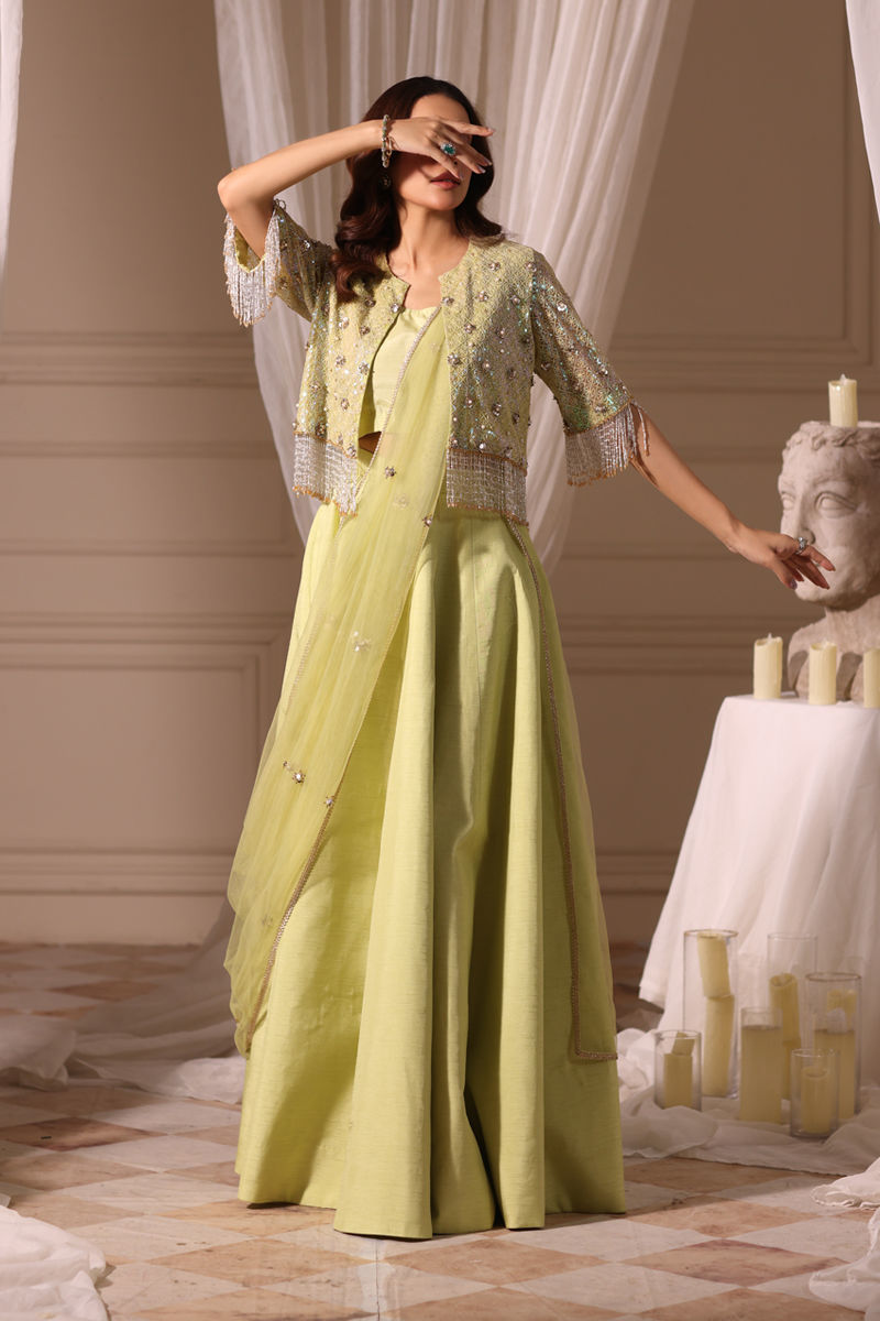 Pakistani Lime Yellow Embellished Woven Lehenga Set (3-Piece) - Image 1