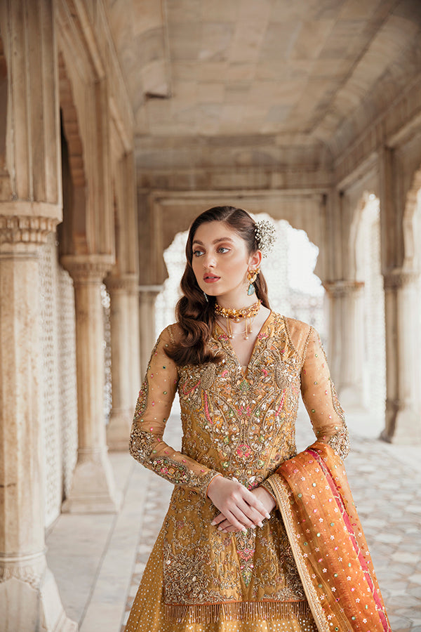 Mustard Zari Net & Tissue Bridal Lehenga (3-Piece) - Image 3