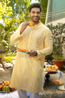 Sorbet Lemon Chikan Embroidered Cotton Kurta (2-Piece) - Image 2