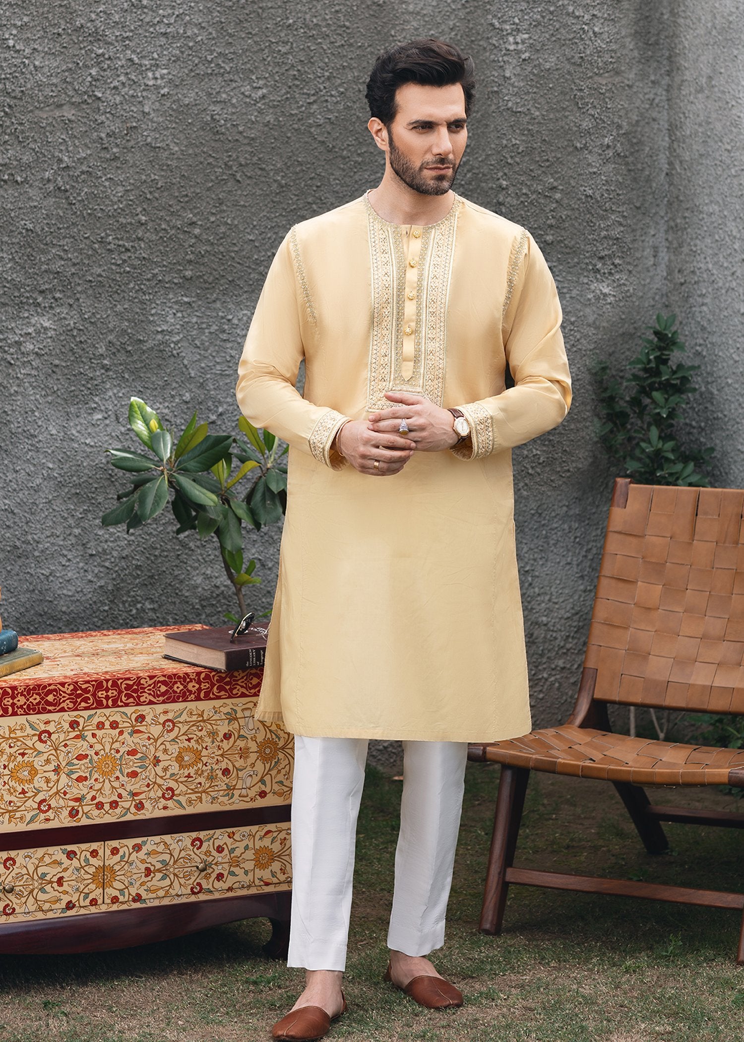 Pale Yellow Embroidered Cotton Kurta (2-Piece) - Image 1